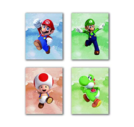 Super Mario Art Prints Toad, Wall Art Game Room Decor Birthday Room Painting Set of 4 Pieces (8”X10”Canvas Picture), Frameless