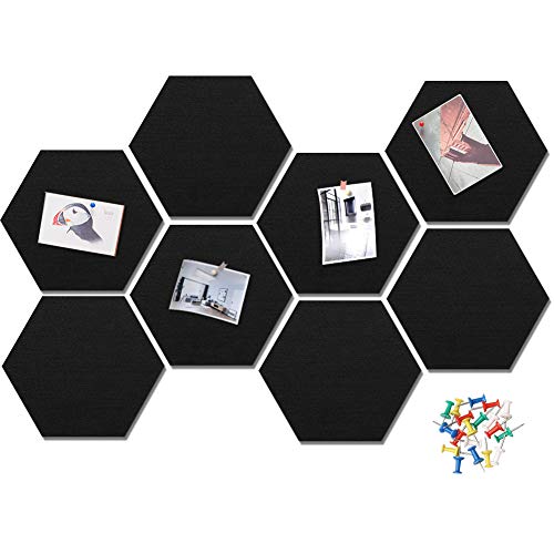 HyFanStr Felt Pin Board Wall Bulletin Board, Hexagon DIY Memo Board Notice Board with 20 Push Pins, Decorative Cork Board for Office Bedrooms - Black - 22x19cm