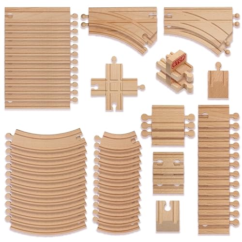 THE TWIDDLERS - 64 Piece Wooden Train Track Expansion Pack, for All Major Brand Toy Trains - Wide Selection of Straight and Curve Set, Premium Wood Railway Accessories