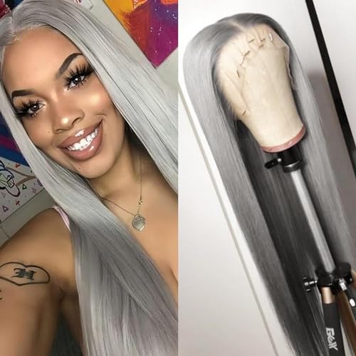  Gray Color Lace front Wig Middle Part Natural Hairline Pre-Plucked Long Straight Wigs - Gray - 30 Inch