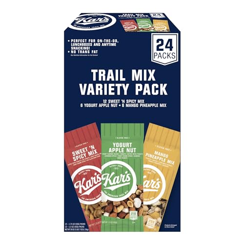 Kar’s Nuts Trail Mix Variety Pack, Pack of 24 – Yogurt Apple Nut, Mango Pineapple Mix, Sweet ‘N Spicy – Individually Wrapped, Gluten-Free Snack Mix - Sweet 'N Spicy - Yogurt Apple Nut - Mango Pineapple - 1 Count (Pack of 1)