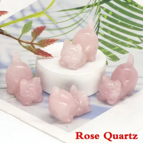 1.2" Cute Lazy Cat Statue Natural Gemstone Crystal - Rose Quartz
