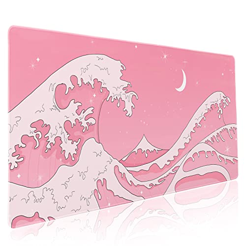Pink Japanese Anime Gaming Mouse Pad XXL Cute Kawaii Aesthetic Wave Extended Big Large Desk Mat Non-Slip Rubber Base Stitched Edge Long Keyboard Mousepad for PC Computer Laptop,35.4×15.7 in - Animepink - XX-Large