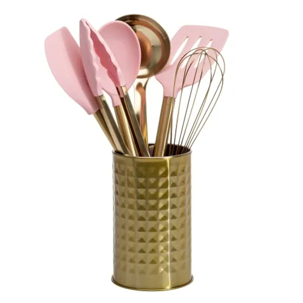 Paris Hilton Kitchen Set Tool Crock with Silicone Cooking Utensils, Stainless Steel Whisk and Ladle, 7-Piece, Pink and Gold