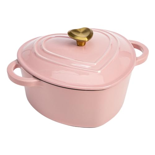Paris Hilton Enameled Cast Iron Dutch Oven Heart-Shaped Pot with Lid, Dual Handles, Works on All Stovetops, Oven Safe to 500°F, 2-Quart, Pink