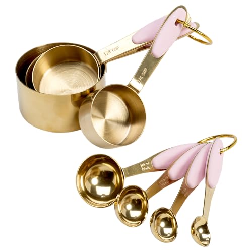 Paris Hilton Measuring Cups and Spoons Set, Stainless Steel with Pink Silicone Inset Handle, Dishwasher Safe, For Dry and Liquid Ingredients, 8-Piece Set, Gold and Pink