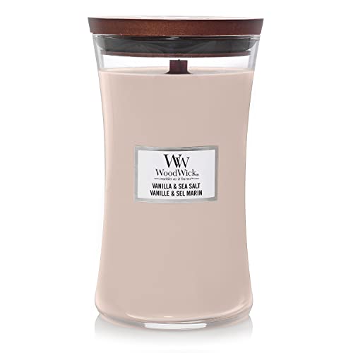 WoodWick Large Hourglass Candle, Vanilla Sea Salt - Premium Soy Blend Wax, Pluswick Innovation Wood Wick, Made in USA - Vanilla & Sea Salt - Large