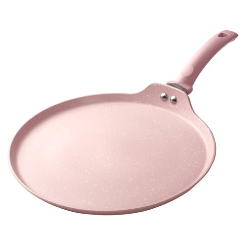Innerwell 11 inch Nonstick Crepe Pan, Granite Coating Flat Skillet Dosa Tawa Tortilla Pan, Pink Large Pancake Griddle Comal Pan, Compatible with All Stovetops, PFOA Free - 11 Inch - Pink