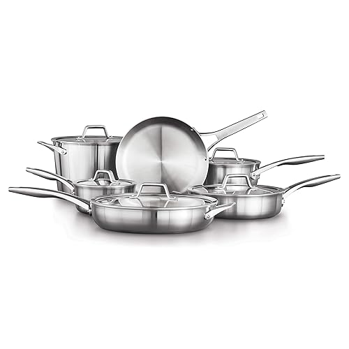 Calphalon Stainless Steel Kitchen Cookware, 11-Piece Pots and Pans Set with Stay-Cool Handles, Dishwasher & Oven Safe, Silver - 11-Piece - Stainless Steel