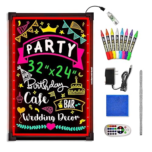 LED Message Writing Board - 32"x24" Flashing Illuminated Erasable Neon Sign With 8 Fluorescent Chalk Markers - Perfect For Shop/Cafe/Bar/Menu/Wedding/Decoration/Promotion/School - 32" X 24"
