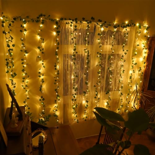 Ivy Fake Vines 12 Pack 9.4 FT * 6.2 FT Artificial Ivy with 240 LED Curtain Lights 8 Modes Ivy Lights for Bedroom Room Wall Weddings Party Christmas Garden Festival Decor
