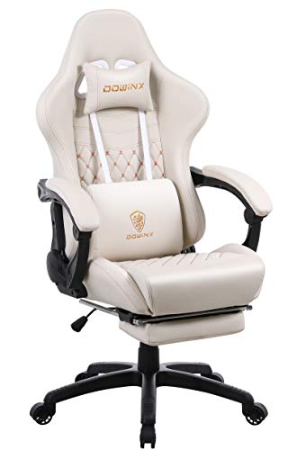 Dowinx Gaming Chair Office Desk Chair with Massage Lumbar Support, Vintage Style Armchair PU Leather E-Sports Gamer Chairs with Retractable Footrest (Ivory) - White