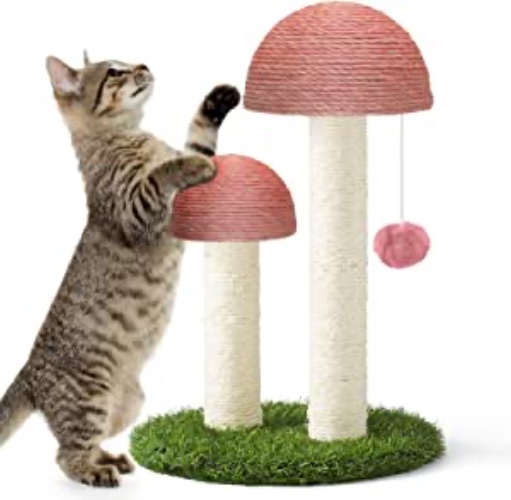 DONORO 18" Cat Scratching Posts for Indoor Cats Featuring with 2 Mushroom Scratch Poles and Interactive Dangling Ball, Sisal Rope Cat Scratcher Tree for Small Cat Kitten (Pink) - Pink