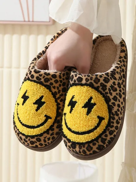 Women's Winter Leopard Print Home Slippers With Lightning Bolt And Happy Face Design, Thick Plush Lining, Non-slip And Thick Soles