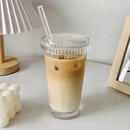 Ridged Glass Cup with Straw - Straight Straw