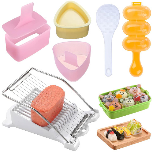 6 Pcs/Set Spam Musubi Maker Mold Press (Non Stick) with Luncheon Meat Slicer Kit Sushi Shake Rice Ball Mold Onigiri Mold Sushi Making Tool Egg Slicer Hot Dog Cutter for Kitchen - White