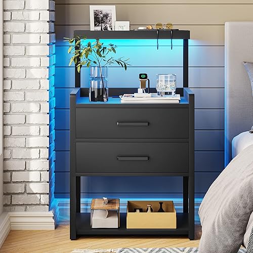 AOGLLATI Nightstand with LED Lights and Charging Station, 2 Drawers Bedroom Night Stand, 2 USB Ports, 2 Outlets, Bed Side Table with Storage Shelves, Black - Black - 1 Pack