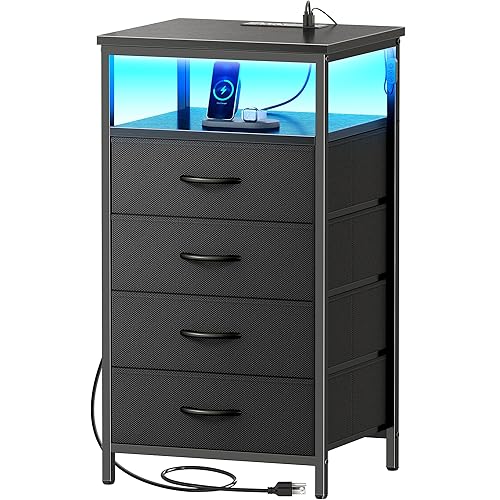 Huuger Night Stand with Charger Station and LED Lights, 4 Drawer Nightstand, Bed Side Table with Open Shelf, End Table, Fabric Dresser for Bedroom, Black - Black - 11.8"D x 15.7"W x 33.9"H（4 Drawers）