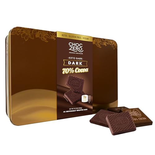 ChocZero 70% Cocoa Special Keto Dark Chocolate Bark - Vegan Friendly, Sugar-Free (48 Bars - 19.2 Ounce Tin)