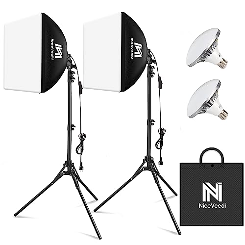 Softbox Lighting Kit, NiceVeedi 2-Pack 16'' x 16'' Softbox Photography Lighting Kit with 63” Tripod Stand & 5400K 450W Equivalent LED Bulb, Continuous Lighting for Photography/Video Record/Live Stream - 16 Inch-2 Pack