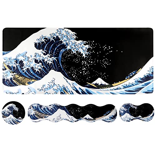 iLeadon Keyboard Mouse Pad Set, Large Gaming Mouse Pad + Keyboard Wrist Rest Support + Mouse Wrist Cushion + Coaster, Non-Slip Rubber Base, 35.4x15.7in Extended Desk Mat for Home Office, Sea Wave - 4 Pcs - Sea Wave - 4 PCS