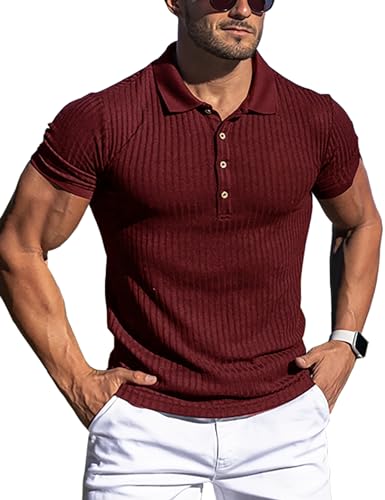 URRU Men's Muscle T Shirts Stretch Long&Short Sleeve Workout Tee Casual Slim Fit Polo Shirt - 1short Sleeve-wine Red - X-Small