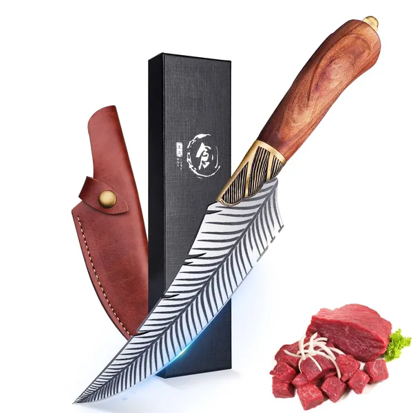 Boning Knife, 6 Inch Professional Viking Knife Meat Cleaver Full Tang Forged Kitchen Cooking Knife with Sheath Gift Box for Outdoor Camping - Feather Boning Knife