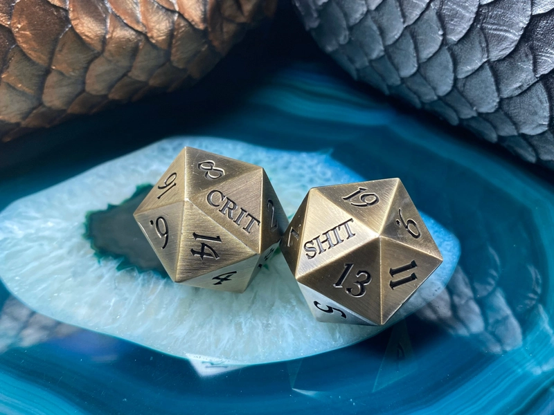D&D CRIT/SHIT Single d20 Die Polished Gold Metal 25mm and Bag - One Heavy Solid Metal d20 - DnD RPG Games Dungeons and Dragons Metal Dice