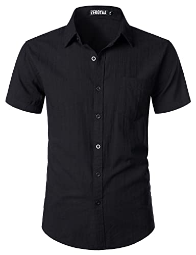 ZEROYAA Men's Fitted Cotton Linen Casual Short Sleeve Button Up Shirts Lightweight Beach Tops with Pocket - X-Small - Black