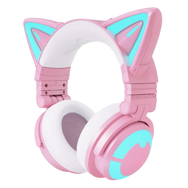 YOWU RGB Cat Ear Headphone 3G Wireless 5.0 Foldable Gaming Pink Headset with 7.1 Surround Sound, Built-in Mic & Customizable Lighting and Effect via APP, Type-C Charging Audio Cable -Pink - 3G-Pink