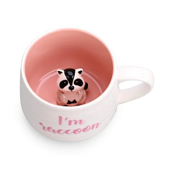 Ceramic Coffee Cup Funny Tea Cups Animal Inside with Raccoon Cartoon Handmade Mug For Friends Roommates Family or Children 3D Cute Animal Coffee Cup Surprise Gift Birthday Gift (13.5 Oz Raccoon)