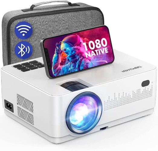 WiFi Bluetooth Projector, DBPOWER 9000L HD Native 1080P Projector, Zoom & Sleep Timer Support Outdoor Movie Projector, Home Projector Compatible w/ TV Stick, PC,DVD, Laptop/Extra Bag Included - White
