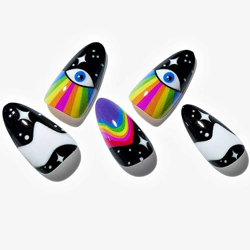GLAMERMAID Black Press on Nails Medium Almond, Emo Fake Nails Short Oval with Gothic Eyes Desgin, Rainbow Star Glossy Gel Acrylic Stiletto Stick on False Nails Set Reusable for Women Gift - Rainbow Pixie Eyes