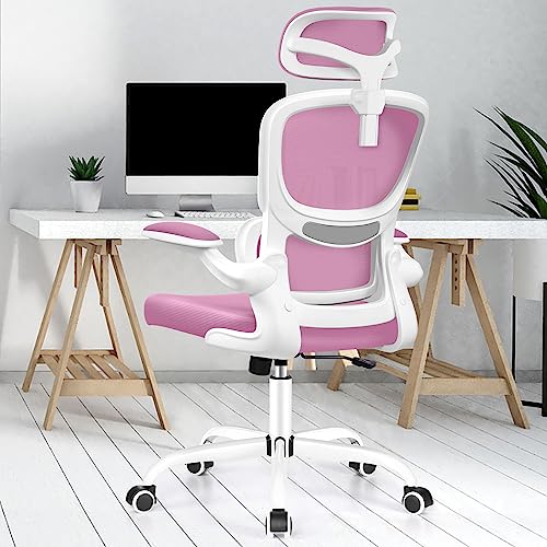 Razzor Ergonomic Office Chair, High Back Mesh Desk Chair with Lumbar Support and Adjustable Headrest, Computer Gaming Chair, Executive Swivel Chair for Home Office - Pink - 2202H