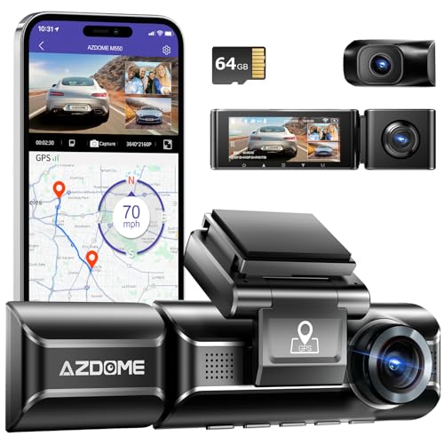 AZDOME M550 Dash Cam 3 Channel, Built in WiFi GPS, With 64GB Card, Front Inside Rear 1440P+1080P+1080P Car Dashboard Camera Recorder, 4K+1080P Dual, 3.19 inch IPS, IR Night Vision, Capacitor, Parking Mode