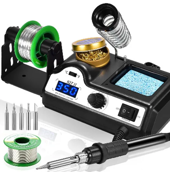 Preciva Soldering Iron Station, 60W Professional Digital Soldering Station, 90-480℃ Temperature Adjustable Repair Tool Kit with Soldering Tips, Solder Wire and Frame, Sponge, Suction Device, etc.