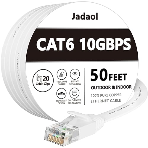 Cat 6 Ethernet Cable 50 ft, Outdoor&Indoor 10Gbps Support Cat8 Cat7 Network, Flat Internet RJ45 LAN Patch Cords, Solid High Speed Computer Wire with Clips for Router, Modem, PS4/5, Xbox, Gaming, White - 50ft - White