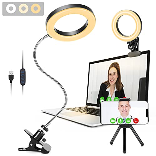Ring Light, GINAVE Video Conference Lighting Kit 3200k-6800K Dimmable LED Desk Light with Clip and Detachable 360 ° Flexible Gooseneck, Ring Light for Laptop/Computer Monitor/ Study Reading/YouTube