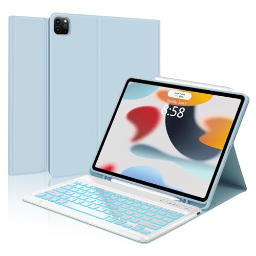 Keyboard Case for iPad Air 13 inch (M2) 2024, iPad Pro 12.9 inch 6th-2022 / 5th-2021 / 4th-2020 / 3rd-2018 Generation, w/Pencil Holder, Magnetic Detachable, USB-C, 7-Color Backlit Keyboard (Sky Blue) - Light Blue