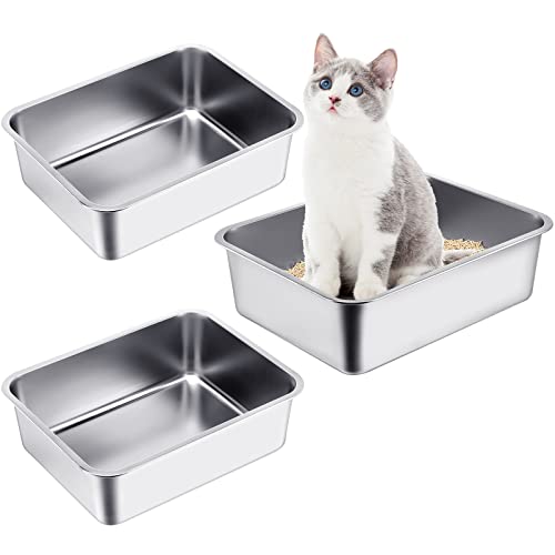 Gerrii 3 Packs Stainless Steel Litter Box, Extra Large Cat Litter Box, Metal Litter Pan with High Sides, Non Stick Smooth Surface, Easy to Clean for Cat Bunny(23.6 x 15.7 x 5.9'') - 23.6 x 15.7 x 5.9''