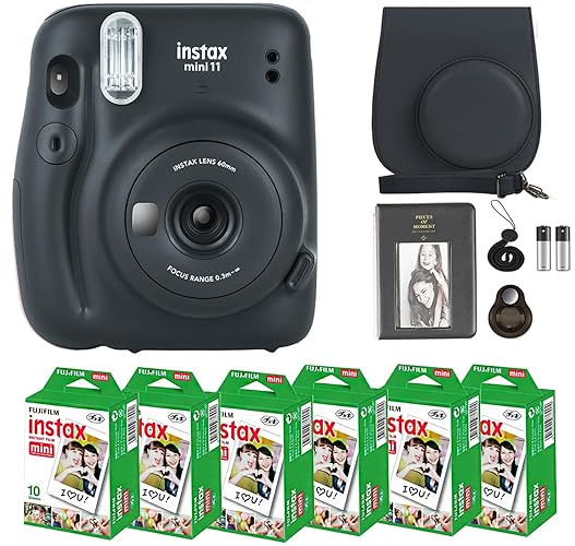 Fujifilm Instax Mini 11 Camera with Fujifilm Instant Mini Film (60 Sheets) Bundle with Deals Number One Accessories Including Carrying Case, Selfie Lens, Photo Album, Stickers (Charcoal Gray) - Charcoal Gray