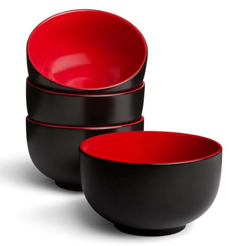 KooK Ramen Bowl, Japanese Bowls, Noodle Bowls, Large Soup Bowl, Ceramic, Large Capacity, For Ramen, Pho, Udon, Soba, Microwave and Dishwasher Safe, 34 oz, Set of 4 (Black/Red) - Black/Red