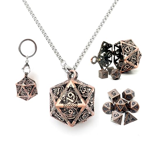 Haxtec Mini Metal DND Dice Set With Copper Hollow D20 Necklace Dice Case Antique Tiny Metal Dice Set D&D Keychain Portable 7PCS Dice Set - Copper Mini With Copper Cage