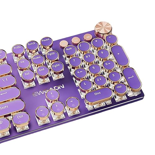 TISHLED Typewriter Style Mechanical Gaming Keyboard White LED Backlit 104-Key NKRO Pink Switches Retro Round Keycaps Golden Ring Volume Knob Metal Panel Wired USB-C Detachable Cable, Purple - Purple