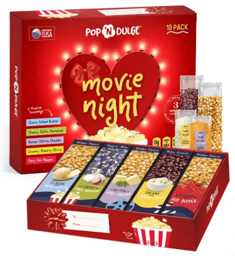 Valentine's Day Gift Set For Women Movie Night Popcorn Gift Set Valentines Day Gifts For Her, 10 Piece Set, 5 Gourmet Popcorn Kernels and 5 Popcorn Seasoning Flavoring, Kosher, Non-GMO Romantic Popcorn Gifts For Her