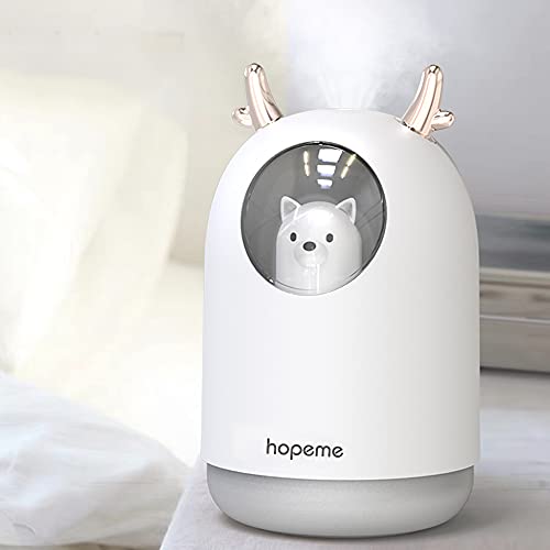 HOPEME Cool Mist USB Humidifier with Adjustable Mist Mode, 300ml Water Tank Lasts Up to 10 Hours, 7 Color LED Lights Changing, Waterless Auto Shut-off for Bedroom, Home, Office (White)… - White