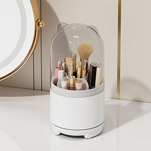 LtyTz Cute Makeup Brush Holder Organizer with Lid, Rotating Dustproof Make Up Brushes Container with Clear Acrylic Cover for Vanity Desktop Bathroom Countertop - White