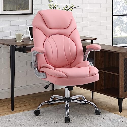Comermax Ergonomic Executive Office Chairs with Adjustable Lumbar Support, 90-120° Rocking Managerial Chair Swivel Desk Chairs with Padded Flip-up Armrests (Pink) - Medium(300lbs) - Pink