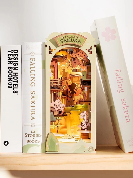 Robotime Falling Sakura DIY Book Nook Kit 3D Wooden Puzzle 9" Bookshelf Insert Decor Bookends with LED Wooden Bookend Miniature Kit Crafts Hobbies Gifts for Adults/Teens