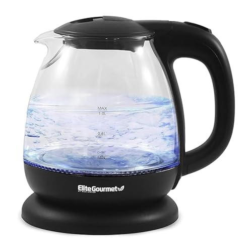 Elite Gourmet EKT1001B Electric 1.0L BPA-Free 1100W Glass Kettle Cordless 360° Base, Stylish Blue LED Interior, Handy Auto Shut-Off Function – Quickly Boil Water For Tea & More, Graphite Black - 1L - Glass